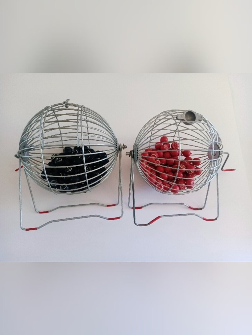 VTG Wire Bingo Cages Filled With Red And Black Numbered Game Balls
